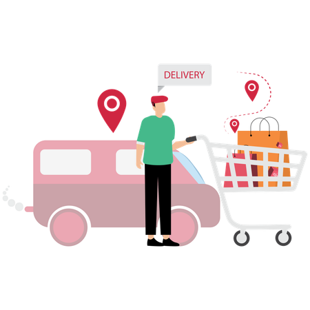 Homem empurrando carrinho de compras  Ilustração