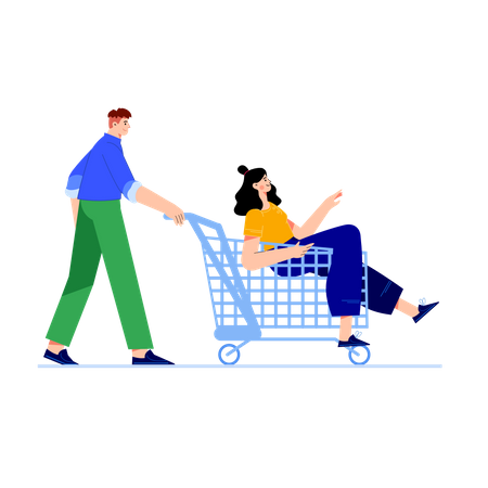 Homem empurrando carrinho de compras enquanto garota sentada no carrinho  Ilustração