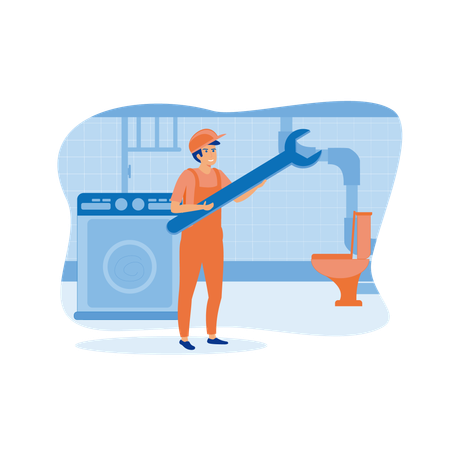 Trabalhador encanador com equipamento de trabalho recebendo serviços de reparo de vaso sanitário  Ilustração