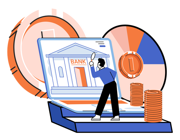 Homem encontra plataforma bancária online  Ilustração