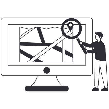Homem encontrando localização no computador  Ilustração