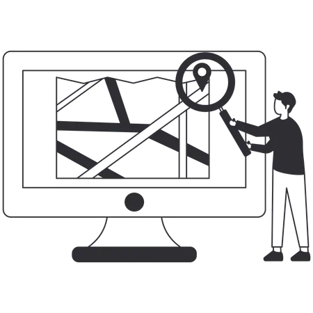 Homem encontrando localização no computador  Ilustração
