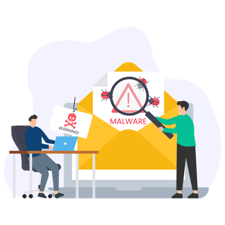 Homem encontrando e-mail de malware  Ilustração