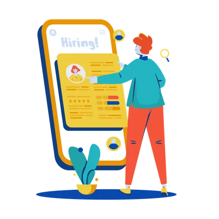 Homem encontrando perfil de candidato online  Ilustração