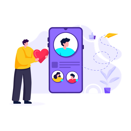 Homem encontrando parceiro usando aplicativo de mídia social  Ilustração