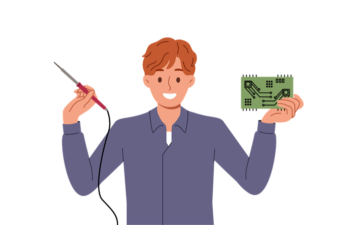 Engenheiro com circuito eletrônico e ferramenta elétrica nas mãos se alegra com a invenção do novo PCB  Ilustração