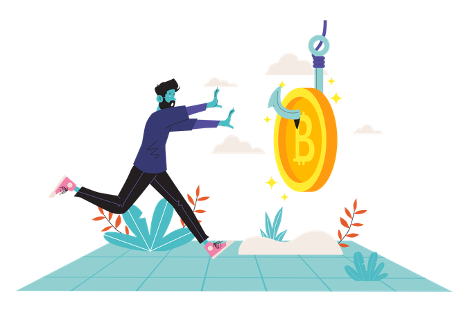 Homem se metendo em golpe de bitcoin  Ilustração