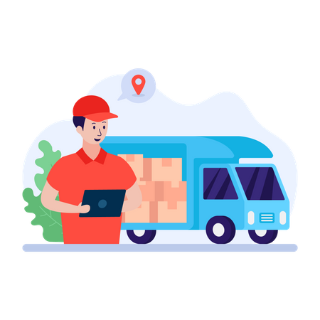 Homem entregando produto usando caminhão de entrega  Ilustração