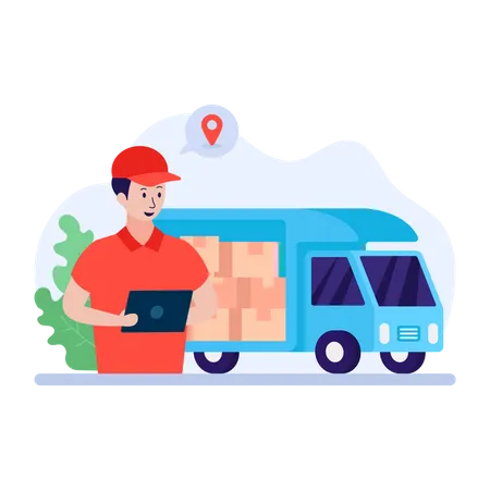 Homem entregando produto usando caminhão de entrega  Ilustração