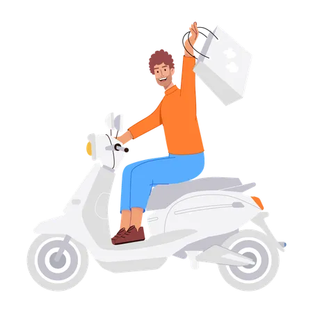 Homem entregando encomenda em scooter  Ilustração