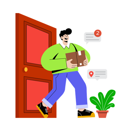 Homem entregando pacote na porta  Ilustração