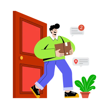 Homem entregando pacote na porta  Ilustração