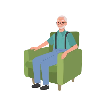 Homem calmo e envelhecido descansando confortavelmente no sofá  Ilustração