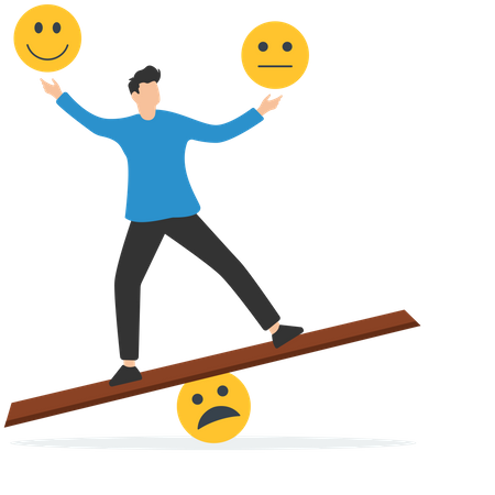 Homem equilibra sentimento de controle de emoção entre trabalho estressado e estilo de vida feliz  Ilustração