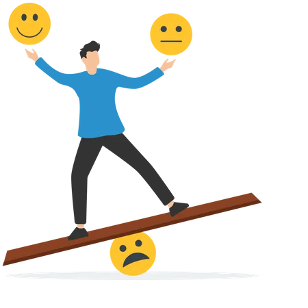 Homem equilibra sentimento de controle de emoção entre trabalho estressado e estilo de vida feliz  Ilustração