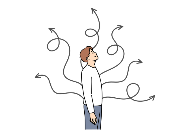 Homem escolhe maneira de resolver situação e fica perto de setas apontando em direções diferentes  Illustration