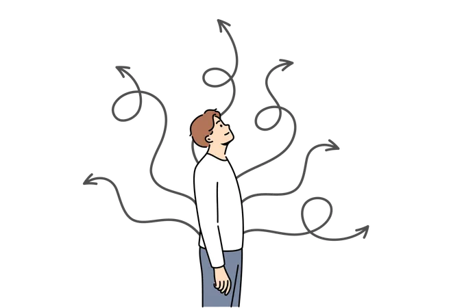 Homem escolhe maneira de resolver situação e fica perto de setas apontando em direções diferentes  Illustration