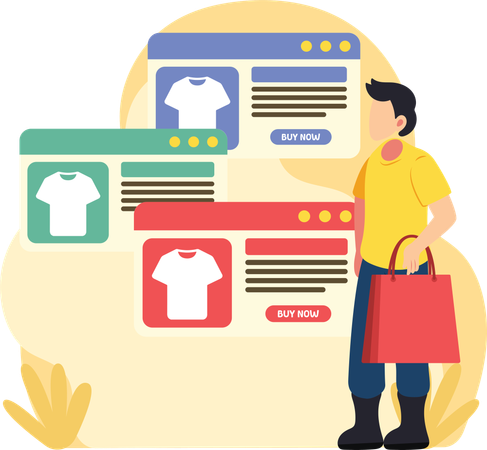Homem escolhendo camisas em loja online  Ilustração