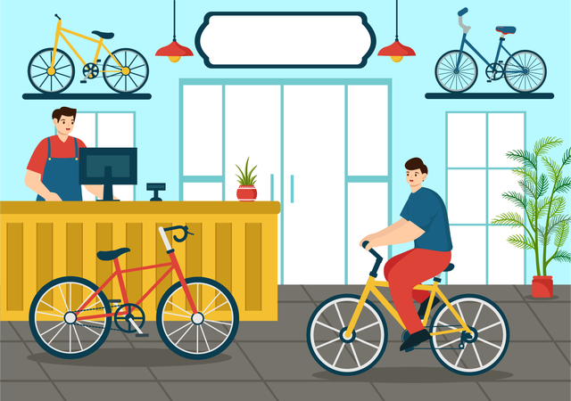 Homem escolhendo bicicleta na loja  Ilustração