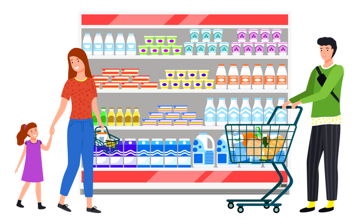 Homem escolhendo iogurte no supermercado  Ilustração