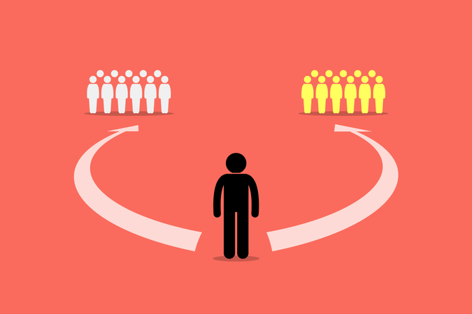 Homem escolhendo juntar-se entre duas equipes ou dois grupos de pessoas  Ilustração