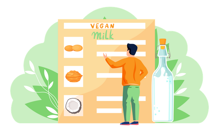 Homem escolhendo menu de leite vegano  Ilustração