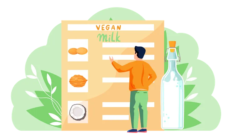 Homem escolhendo menu de leite vegano  Ilustração