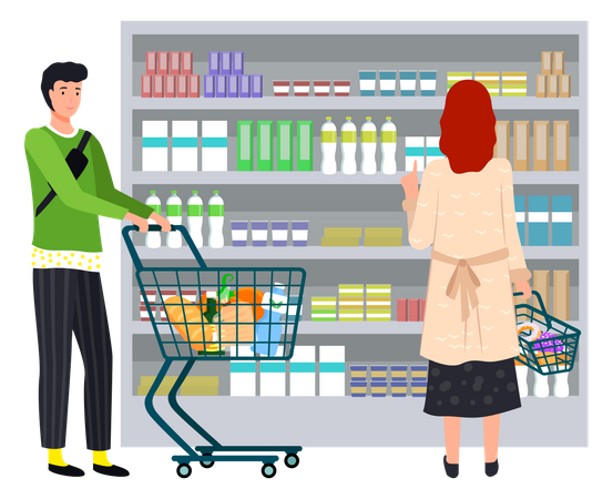 Homem escolhendo produtos lácteos no supermercado  Ilustração