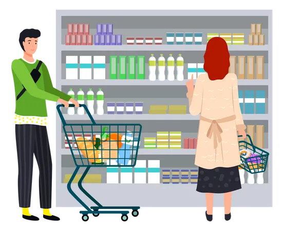 Homem escolhendo produtos lácteos no supermercado  Ilustração
