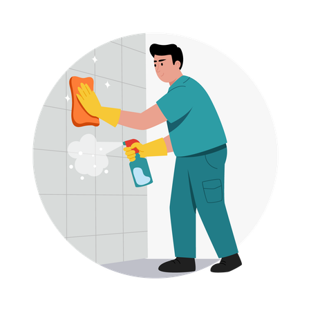 Homem esfregando azulejos do banheiro  Ilustração