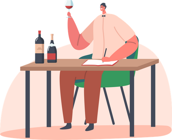 Homem especialista sentado à mesa com garrafas de vidro e copo com bebida alcoólica  Ilustração