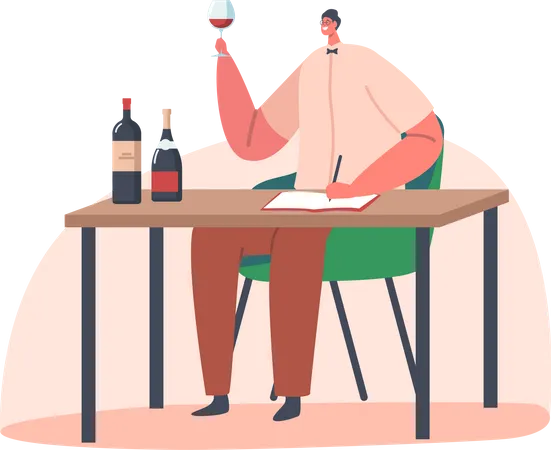 Homem especialista sentado à mesa com garrafas de vidro e copo com bebida alcoólica  Ilustração