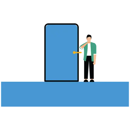 Homem espera pacientemente na porta aberta  Ilustração