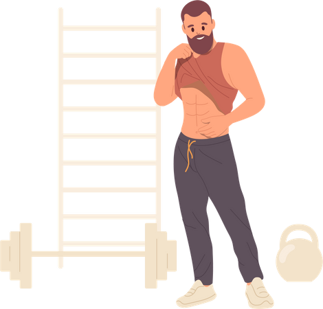 Homem hipster esportivo se gabando de seu forte músculo abdominal após exercício físico na academia  Ilustração