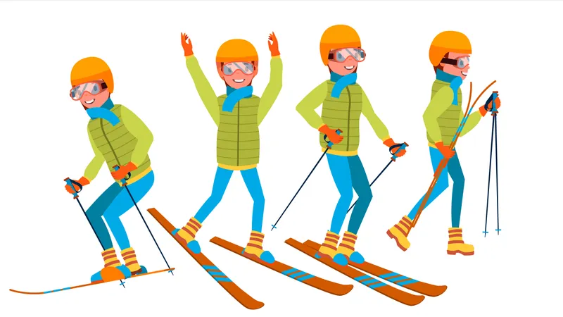 Vetor De Jovem Esquiador Homem Apreciando A Paisagem De Neve Esquiador E Neve Ilustra O Plana De Desenho Animado Ilustração