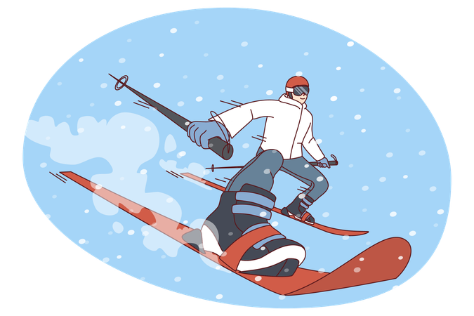 Homem esquiando em montanha nevada no inverno  Ilustração