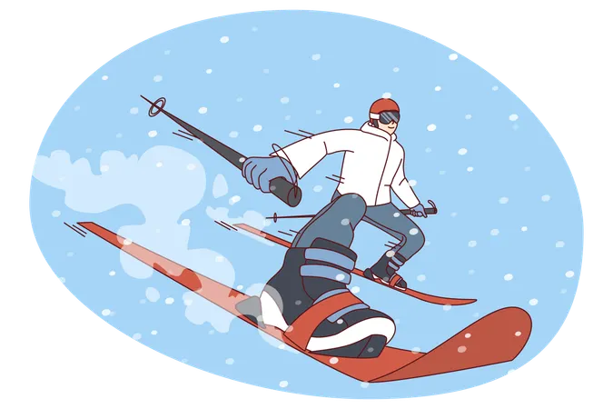 Homem esquiando em montanha nevada no inverno  Ilustração