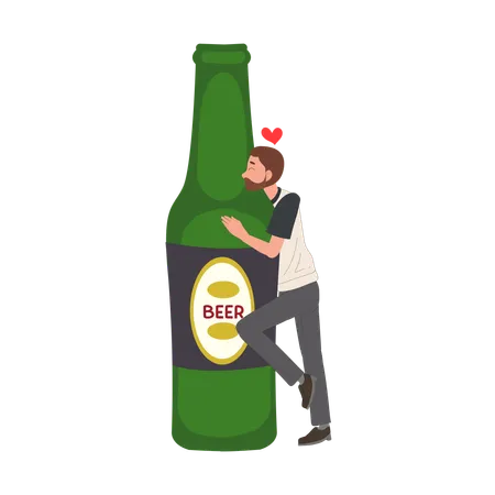 O homem está abraçando a garrafa de cerveja enorme Eu amo cerveja  Ilustração