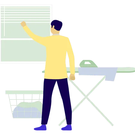 O homem está abrindo a janela  Ilustração