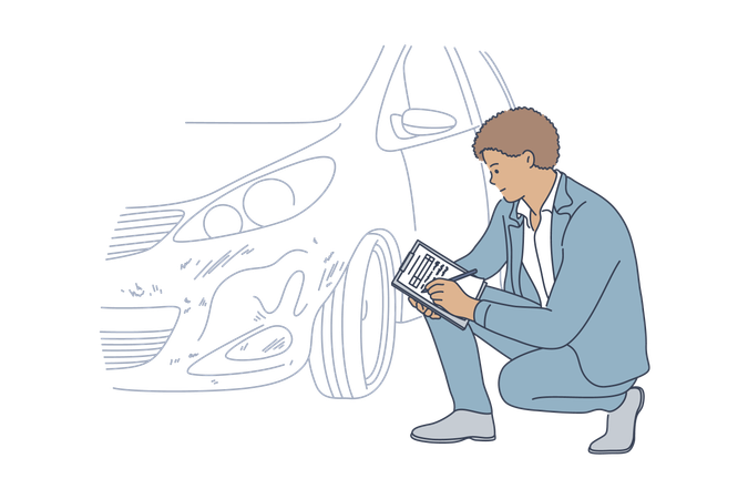 O homem está reparando o carro amassado  Ilustração