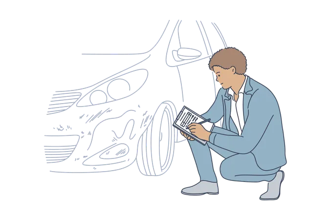 O homem está reparando o carro amassado  Ilustração