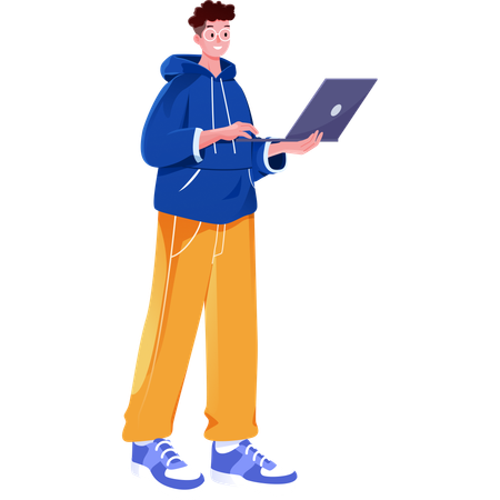 O homem está de pé e segurando um laptop  Ilustração