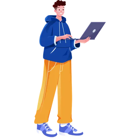 O homem está de pé e segurando um laptop  Ilustração