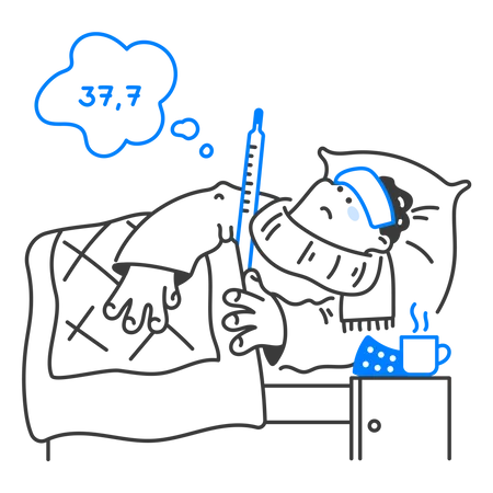 Homem doente com febre alta, deitado na cama  Ilustração