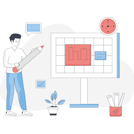 Homem esboça ideias em um quadro branco usando um lápis durante uma sessão de brainstorming  Ilustração