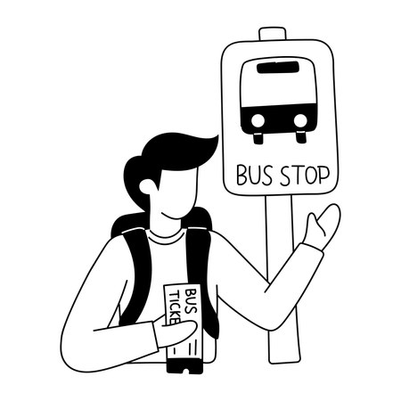 O homem está esperando o ônibus no ponto de ônibus  Ilustração