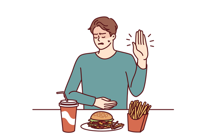 O homem está evitando fast food  Ilustração