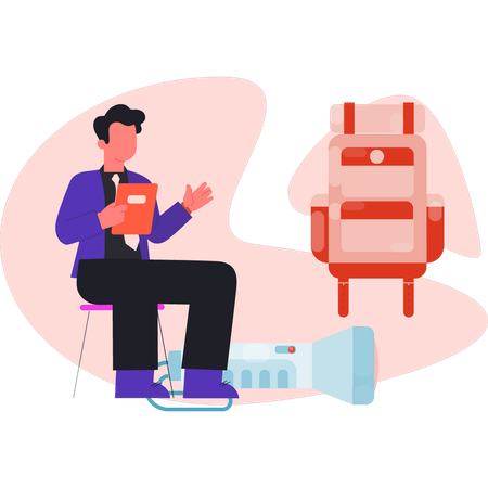 Homem explica caixa de emergência médica  Ilustração