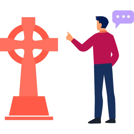 Homem está falando sobre crucifixo cristão  Ilustração
