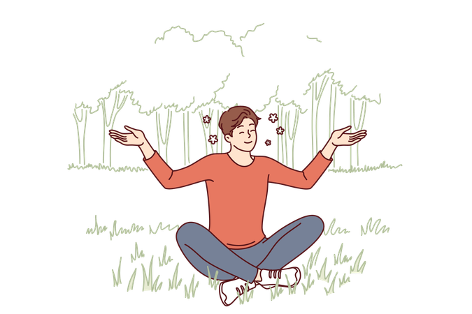 O homem está fazendo meditação na floresta  Ilustração